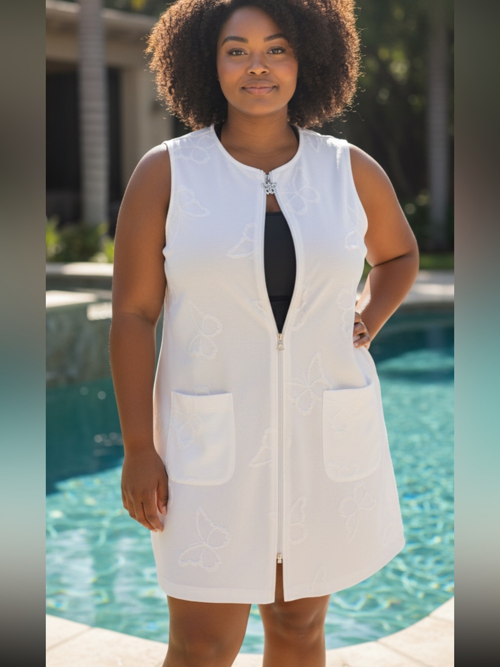 Beach Coverup White Westbound Sleeveless Zip-Front with Butterfly Embellishments